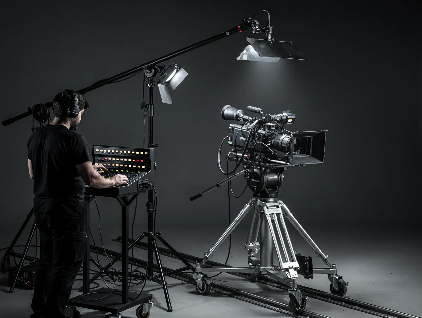 Cinematic photography setup in a dark studio