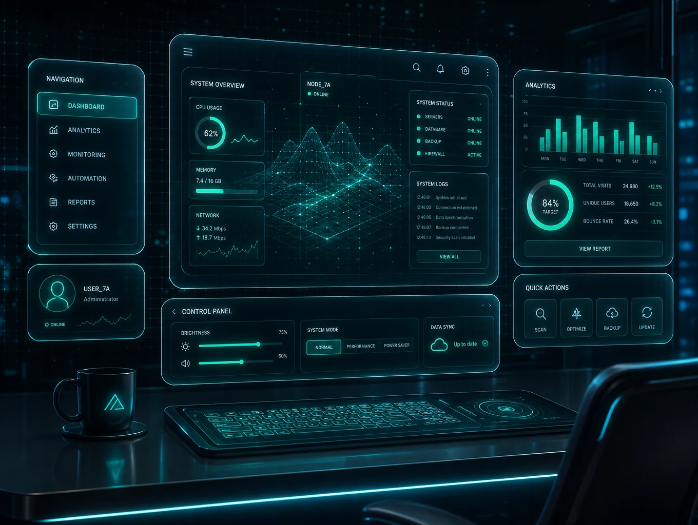 Futuristic web interface design on a dark screen